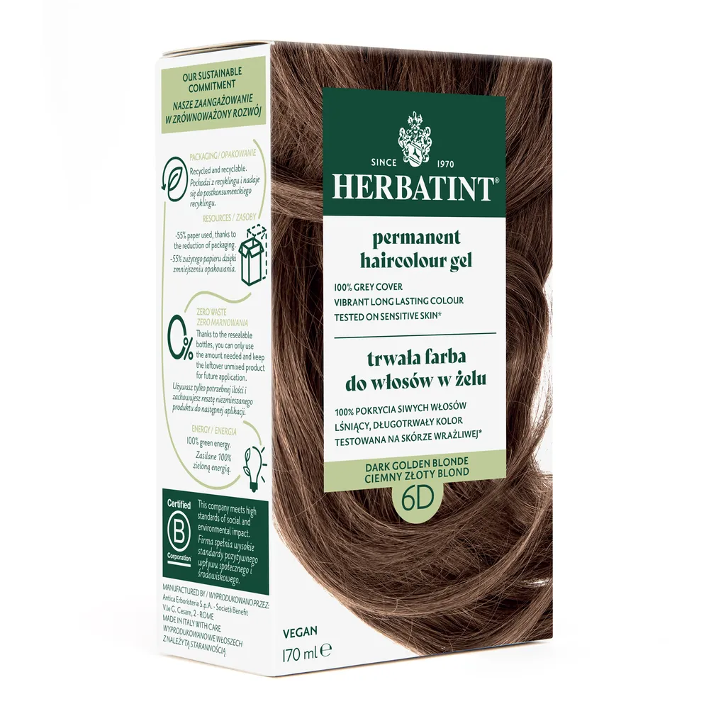 Farba do włosów Herbatint • trwała • 6D CIEMNY ZŁOTY BLOND • seria ZŁOTA