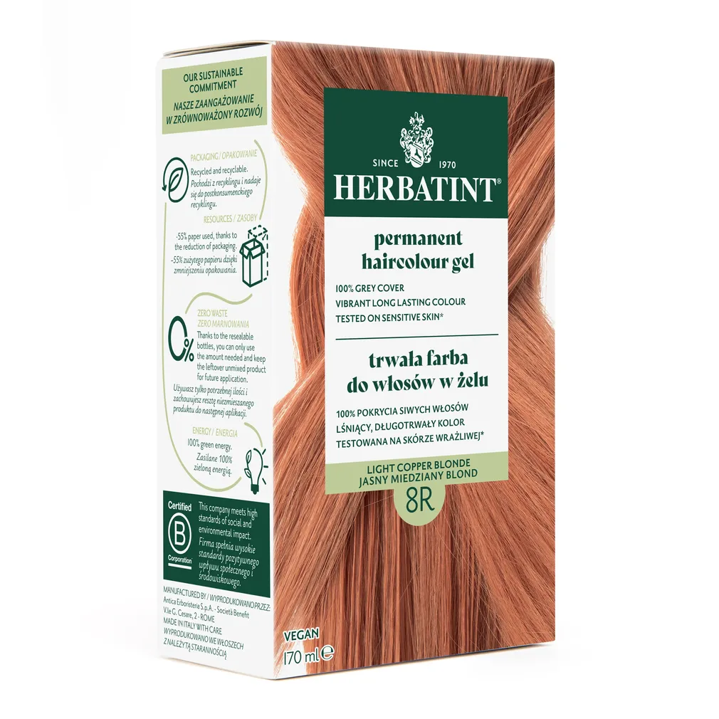 Farba do włosów Herbatint • trwała • 8R JASNY MIEDZIANY BLOND • seria MIEDZIANA